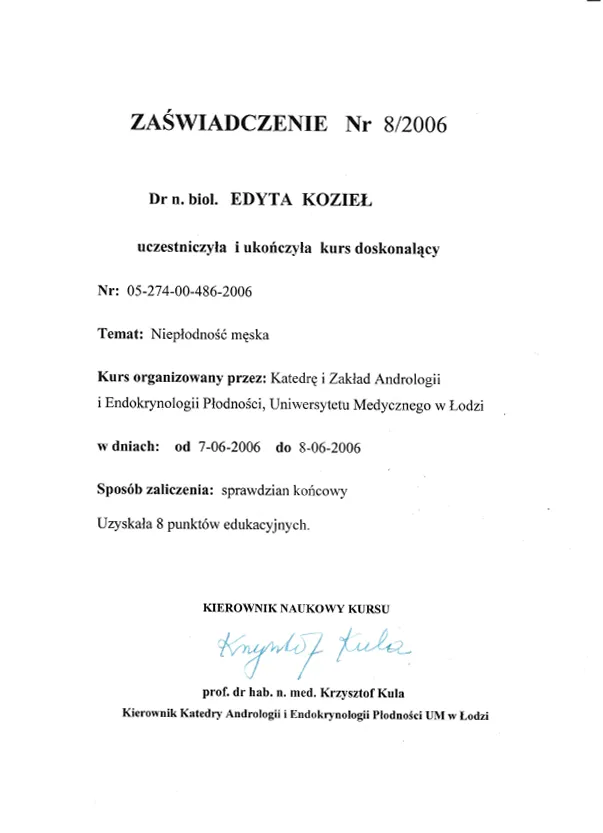 Diagnostyka niepłodności męskiej dr n. biol. Edyta Kozieł - Książek