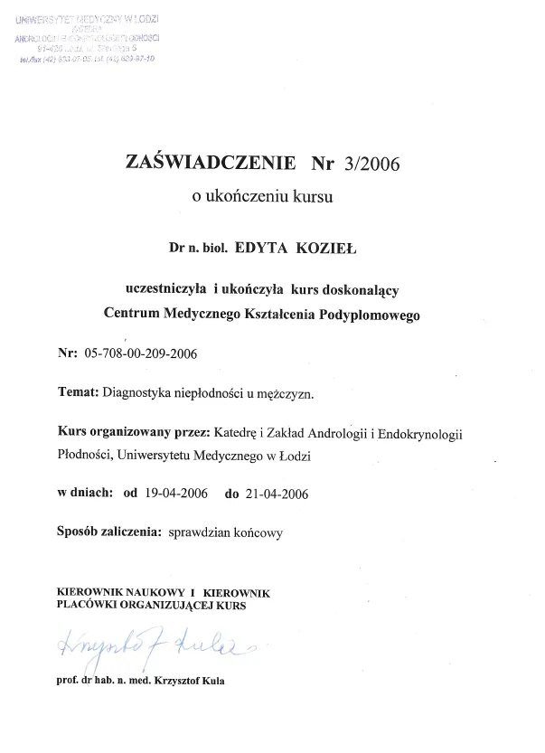 Diagnostyka niepłodności męskiej dr n. biol. Edyta Kozieł - Książek